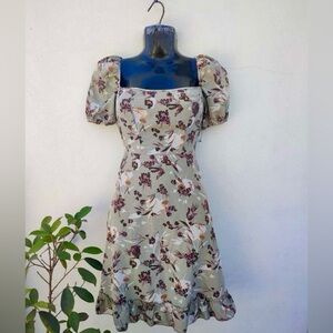 Green Beige Floral Puff Sleeve Ruffle A-Line Short Dress Square Neck Zip Size M